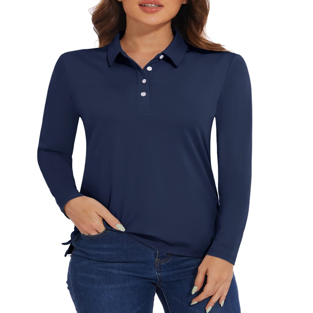 MAGCOMSEN Women's Long Sleeve Polo Golf Collared Shirts SPF Shirts for Women Tennis T-Shirts V-Neck Tee Athletic Navy,L