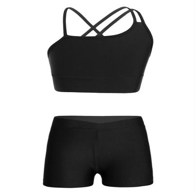 Hansber Kids Girls 2 Piece Dance Outfits Crop Top with Booty Shorts Active Set Gymnastics Leotard Dancewear Swimwear Black 8