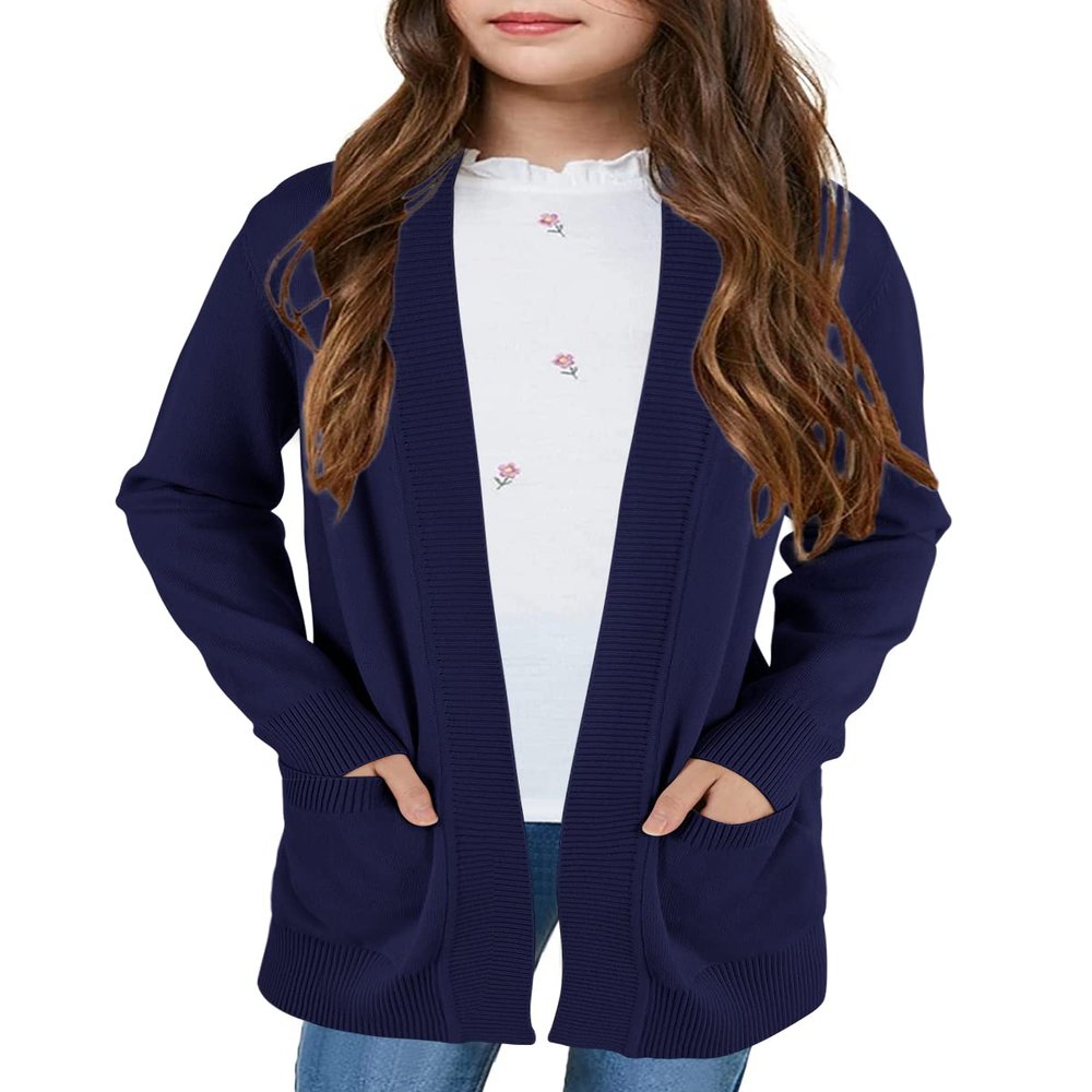 Poploli Girls Cardigan Knit Open Front Long Sleeve Sweaters Fall Casual Outwear with Pockets for 5-14 T Kids Navy