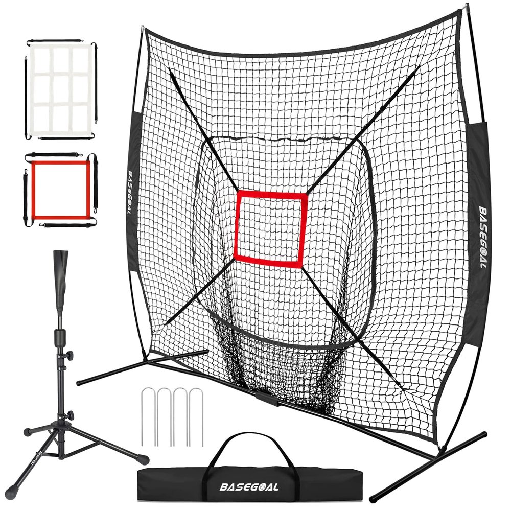 BaseGoal 7'7' Baseball Softball Practice Net,Baseball Backstop,with Batting Tee,for Hitting Pitching Batting Catching with Bow Frame,Bonus Strike Zone (Black-B)