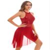 JEATHA Women's Sleeveless Lyrical Ballet Dance Dress Illusion Mesh Sequins Tank Leotard Dresses Latin Jazz Dancewear Burgundy D X-Large view 2