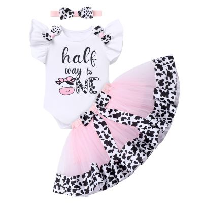 Cow Outfits for Baby Girl: Infant Half Way to One Birthday Outfit Toddler Cow 1/2 Birthday Farm Animal Party Cake Smash Photoshoot Romper Tutu Skirt Pink Cow - Half Way to One 6 Months