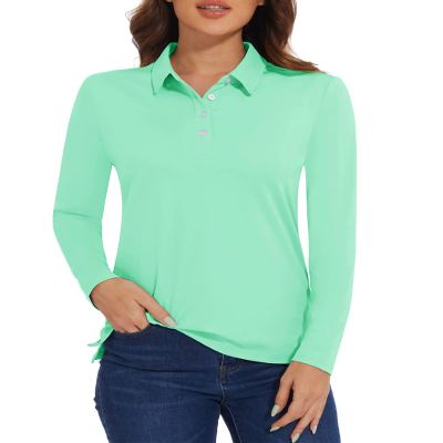MAGCOMSEN Women's Long Sleeve Polo Shirts Athletic Collared Golf Tops for Work UPF 50+ Moisture Wicking Mint Green,L