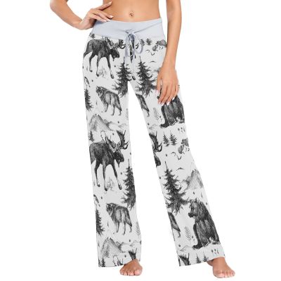Aflyko Pajama Pants for Women Scandinavian Woodland Wild Animal Wolf Moose Comfy Loungewear Drawstring Lounge Pants Loose Sleepwear Bottoms Wide Leg Pjs, Small