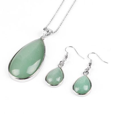 Women Boho Jewelry Sets Natural Gemstone Water Drop Necklace Earrings Set Lapis Lazuli Opal Pink Quartz Chakra Healing E567,Green Aventurine
