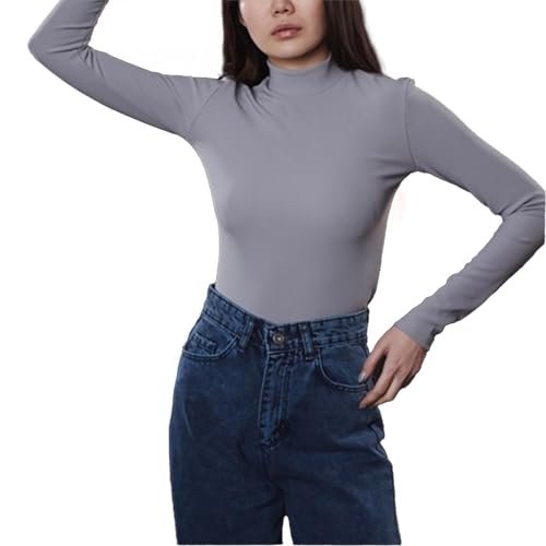 Ambar Women's Mock Neck Long Sleeve Slim Fit Ribbed Knit Top, Grey,S - US