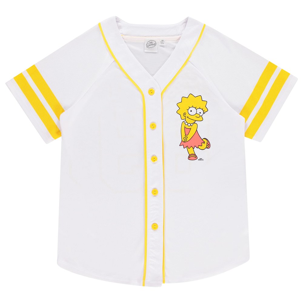The Simpsons Ladies Baseball Jersey - Lisa, Krusty, Bart and Homer Simpson Mesh Button Down Baseball Jersey (White, Large)
