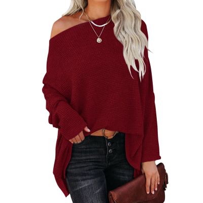 Batwing Sleeve Knit Tops One Shoulder Loose Pullover Long Sleeve Fashion Sweater(L-Wine Red)