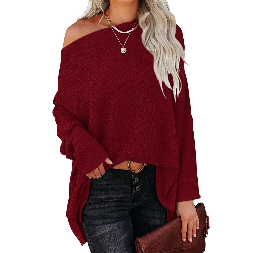 Batwing Sleeve Knit Tops One Shoulder Loose Pullover Long Sleeve Fashion Sweater(L-Wine Red)