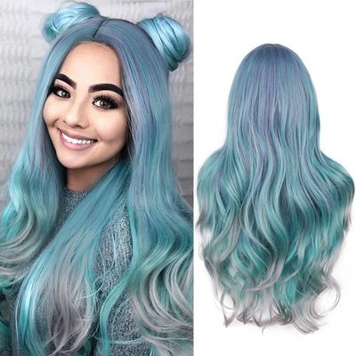 WIGER Long Wavy Rainbow Wigs Bluish Green Long Curly Hair Middle Part Multi-Color Wigs Synthetic Mermaid Wig 28 Inch Heat Resistant Full Wig for Daily or Party
