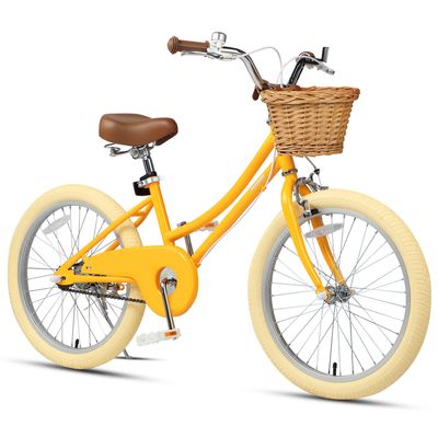 Petimini 20 Inch Girls Bike for Age 6 7 8 9 Years Old Big Kids Retro Vintage Style Bicycles with Basket Dual Hand Brake and Bell, Yellow