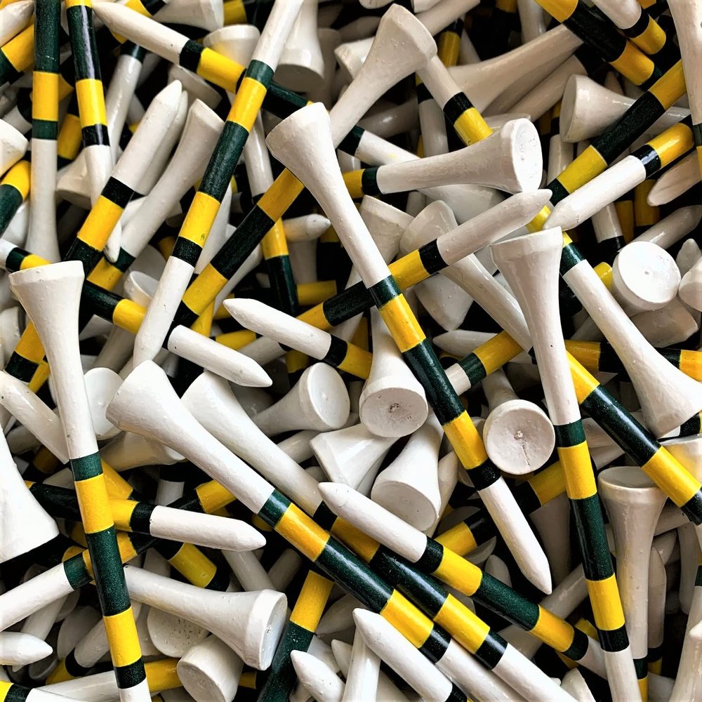 100 New 3 1/4" 3.25 Pride Masters Color Yellow & Green Striped White Custom Wood Golf Tees