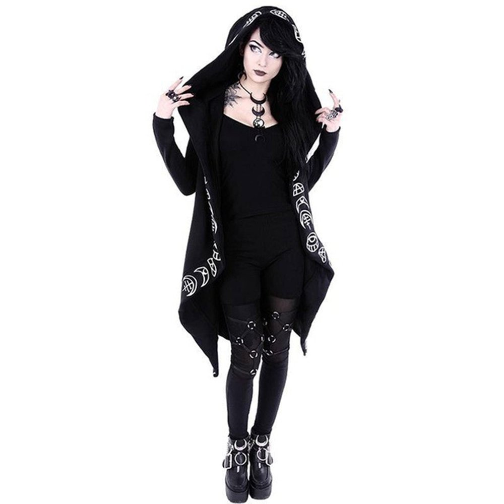 tuduoms Black Punk Gothic Hoodie Women Long Sleeve Zip Up Hoodie Moon Jacket Top Long Sweatshirts Plus Size Y2k Goth Clothing
