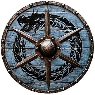 Medieval Warrior Wooden Viking Shield Round Shield Dragon Face Viking Collectibles 24" Shield Home Dcor Item, Gift Item (Blue & Black)