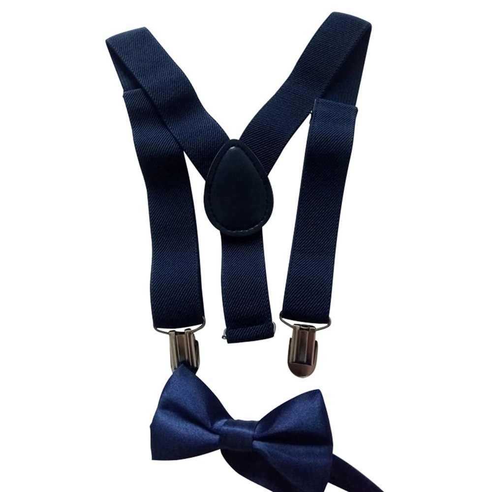Queenbox Adjustable Kid Y-shape Braces Bow Tie Set, Elastic Suspender with 3 Clips, Pre-tied Bowtie, Navy Blue