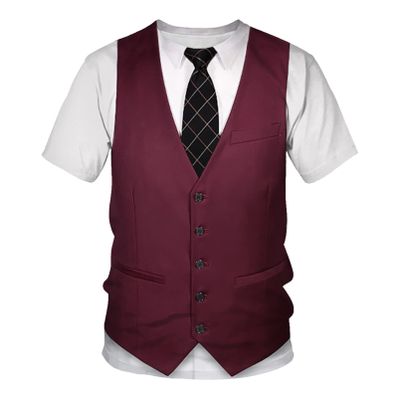 Aislor Kids Boys Tuxedo T-Shirt Short Sleeve Suit Vest Fake 3D Tie Printed Shirt Funny Top for Formal Wedding Party Burgundy 10-11 Years