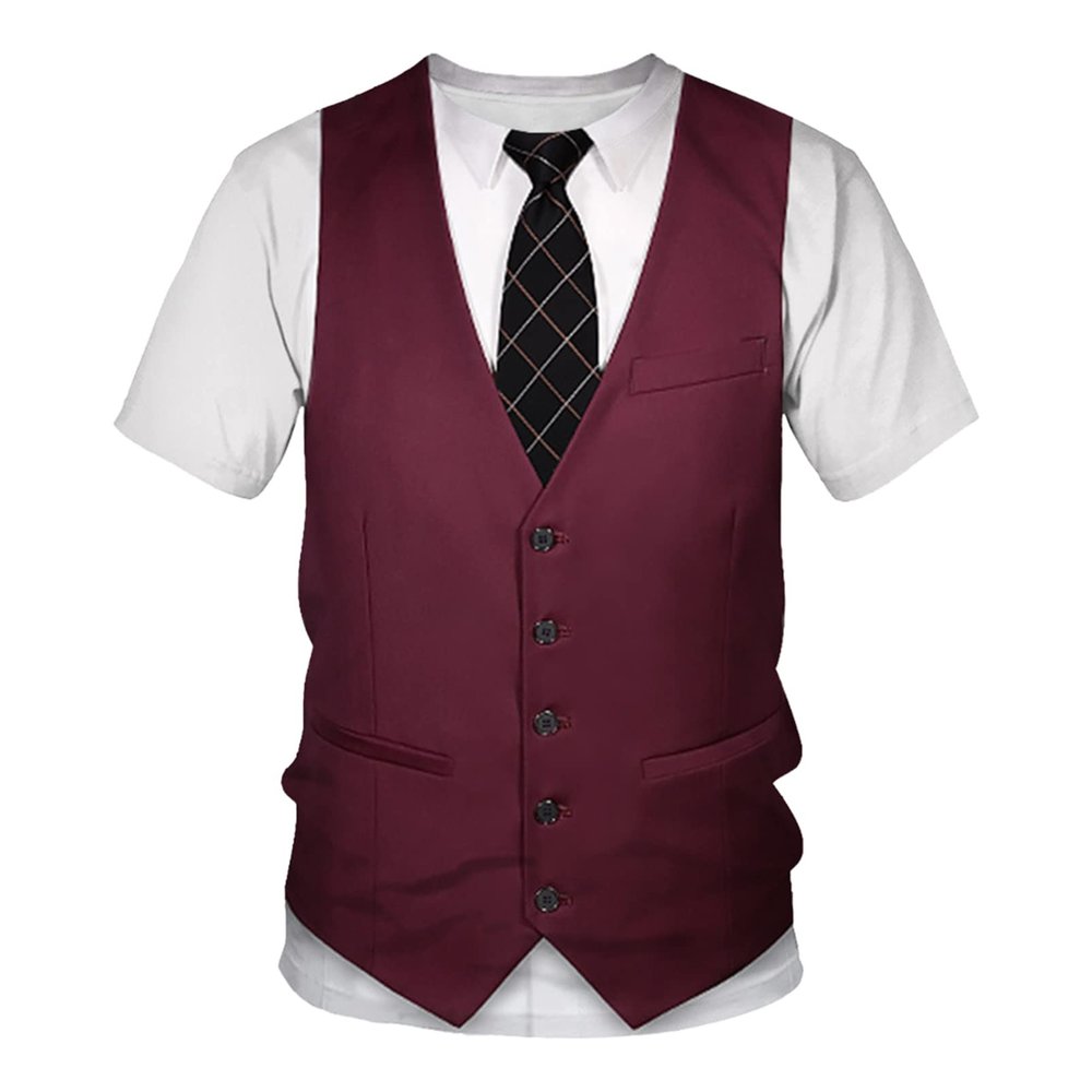 Aislor Kids Boys Tuxedo T-Shirt Short Sleeve Suit Vest Fake 3D Tie Printed Shirt Funny Top for Formal Wedding Party Burgundy 10-11 Years