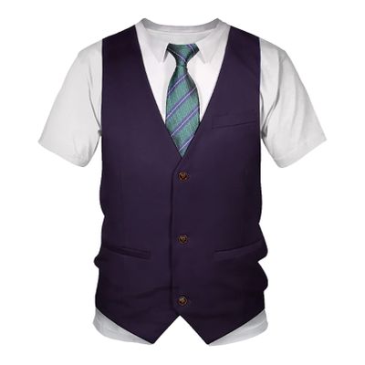 Aislor Kids Boys Tuxedo T-Shirt Short Sleeve Suit Vest Fake 3D Tie Printed Shirt Funny Top for Formal Wedding Party Purple 3-4 Years