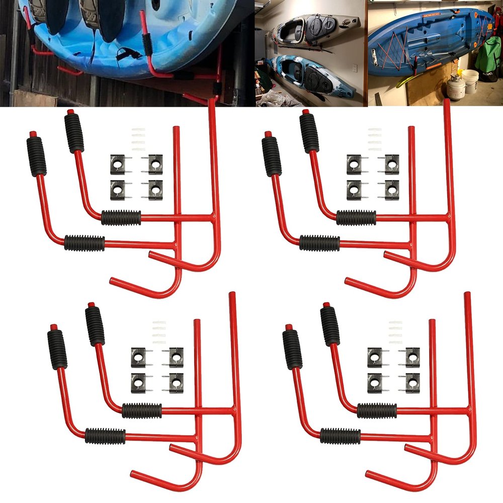 PIRIPARA Kayak Storage Rack Wall Mount 4 Pairs Garage Kayak Storage Hanger, Wall Bracket Holder for Kayaks, Canoe, Surfboard, Paddle Board, Max Load 100LBs, Red 8PCS