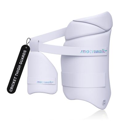 moonwalkr Cricket Thigh Guards 2.0 Lightweight Cricket Guard & Equipment Unisex Thigh Pads for Batter's Height (5'4"- 5'8") Safeguarding Both Your Outer and Inner Thighs White (Medium, Right Hand)