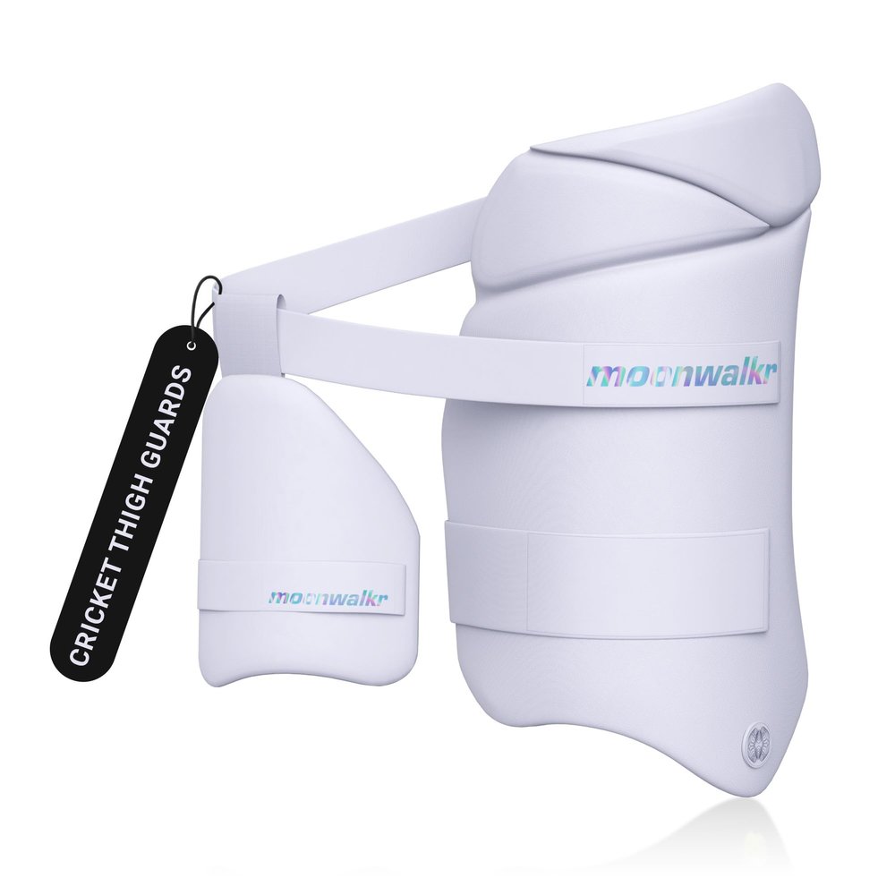 moonwalkr Cricket Thigh Guards 2.0 Lightweight Cricket Guard & Equipment Unisex Thigh Pads for Batter's Height (5'4"- 5'8") Safeguarding Both Your Outer and Inner Thighs White (Medium, Right Hand)