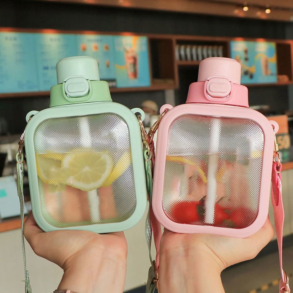 zyhfcfff-sd 2 Pack Square Transparent Water Bottle 24 Oz, Green/Pink Water Bottle Cute Portable Travel Canteen with Adjustable Strap 700ml