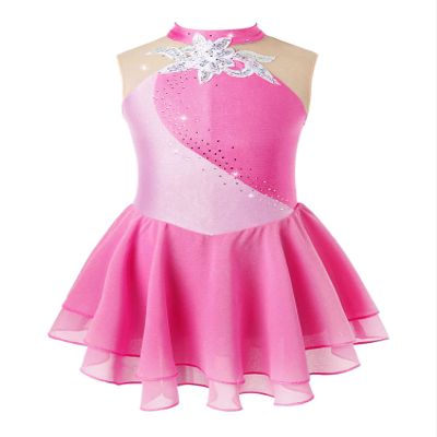 Aislor Girls Lyrical Ballet Dance Dress Sleeveless Rhinestones Figure Ice Skating Leotard Dress Dancewear Skating wear Pink 10 Years