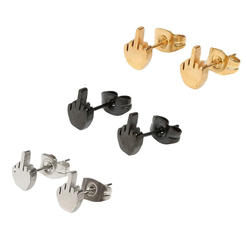 2/3Pairs Punk Stylish Stainless Steel Middle Finger Earrings Set Gold Silver Black Funny Fuck Doodle Stud Earrings for Men and Women-B 3Pairs