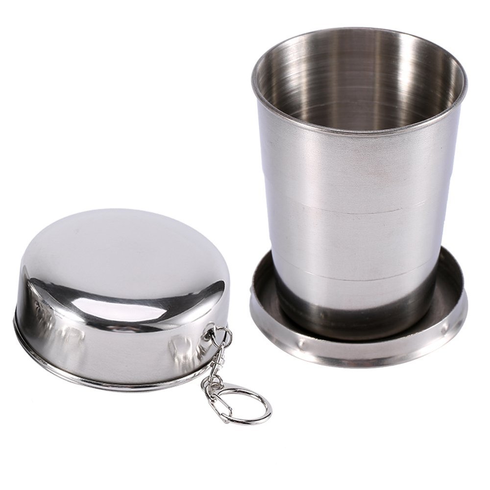 Reusable Portable Telescopic Foldable Water Cup Mug with Lid, Stainless Steel Travel Folding Cup, Camp Keychain for Camping, Picnic, Hiking and Other Outdoor Activities Drinking Cup (L), Stainl