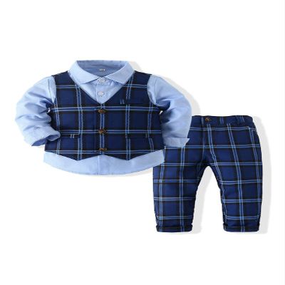 Abolai Baby Boys' 3 Piece Gentleman Set with Shirt,Bowtie,Lattice Vest and Pant (US, Age, 18 Months, Blue)