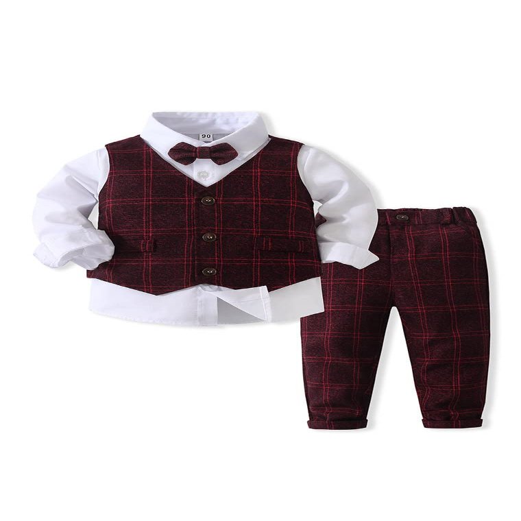 Abolai Baby Boys' 3 Piece Gentleman Set with Shirt,Bowtie,Lattice Vest and Pant (US, Age, 5 Years, Red)