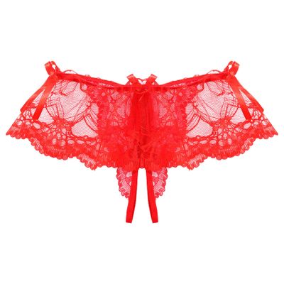 Daenrui Men's Sissy Panties Floral Lace Sheer Skirted Ruffled Thong Hollow Out Crossdress Underwear Red X-Large
