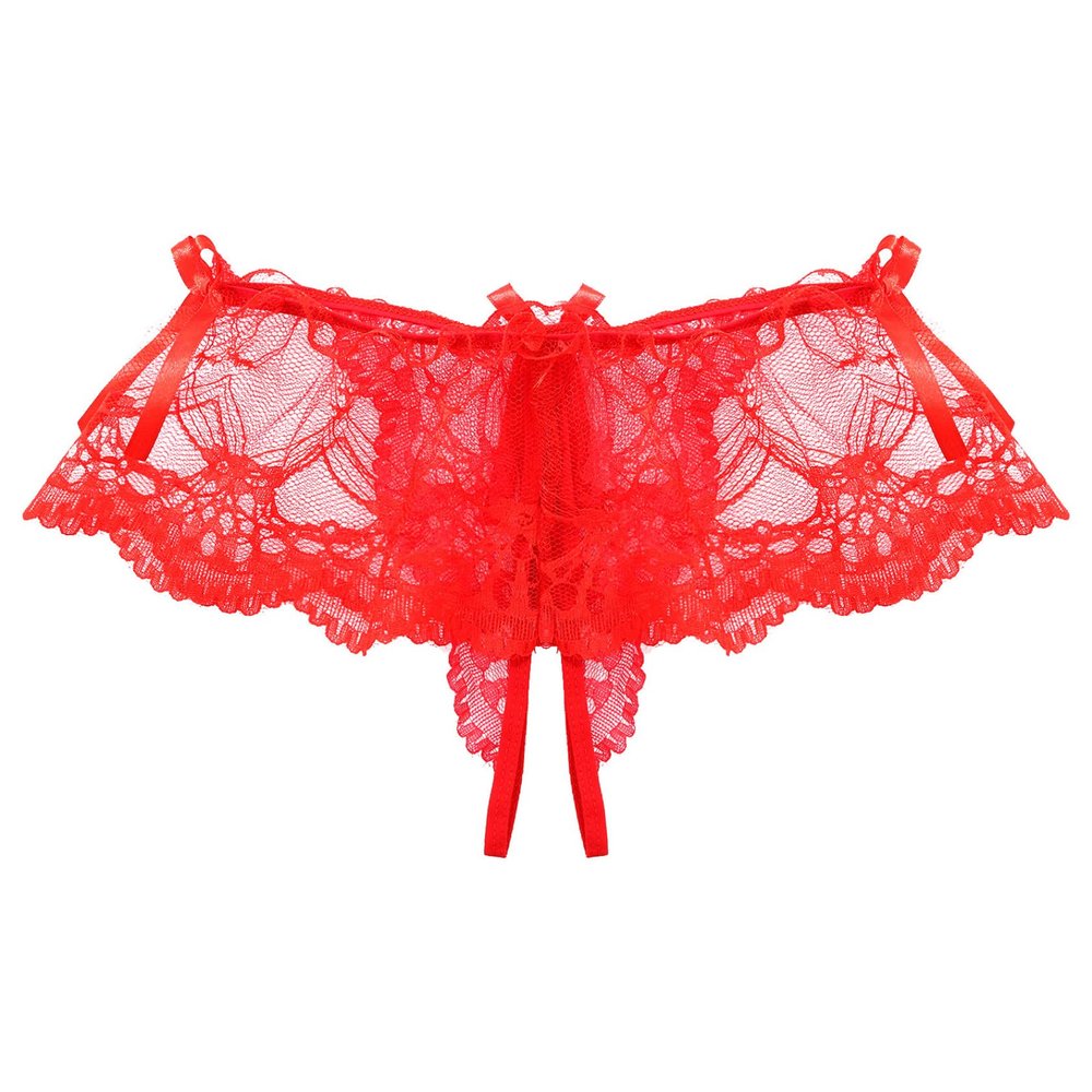 Daenrui Men's Sissy Panties Floral Lace Sheer Skirted Ruffled Thong Hollow Out Crossdress Underwear Red X-Large