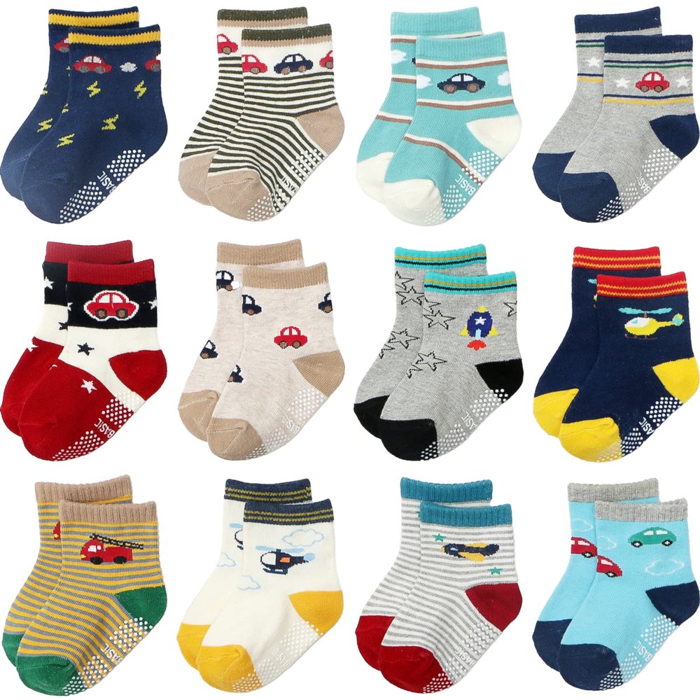 Aroveea Non Slip Grip Ankle Baby Socks 12 Pack for Toddler Boys and Girls Kids,Infant Cute Cotton Baby Socks