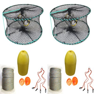 2-Pack of KUFA Sports Foldable Prawn Trap (Stretched Mesh Size:1-1/8") with 400' Rope, Yellow Float, Plastic Vented Bait Cage & Harness Combo (PRN58+PAQH3) x2
