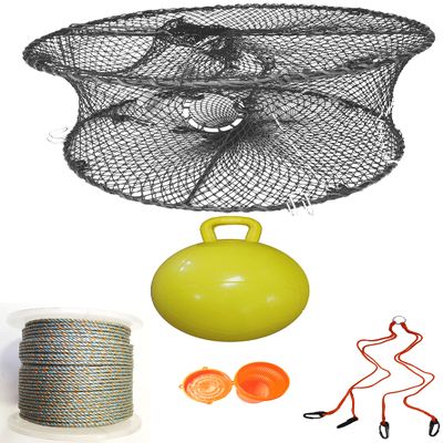 KUFA Sports Foldable Prawn Trap (Stretched Mesh Size:1-1/8") with 400' Rope, Yellow Float, Bait Bag & Harness Combo (PRN58+PALH5)