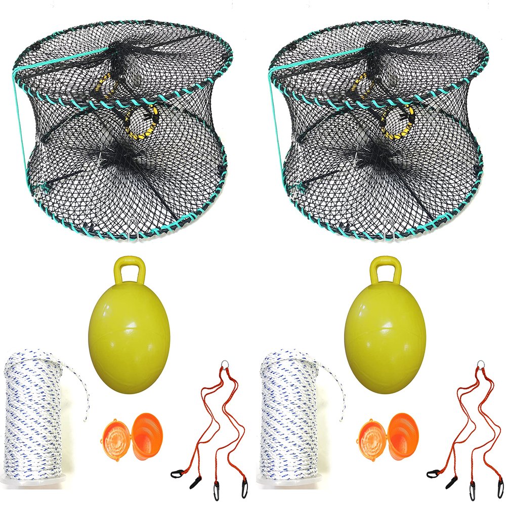 2-Pack of KUFA Sports Foldable Prawn Trap (Stretched Mesh Size:1-1/8") with 400' Rope, Yellow Float, Plastic Vented Bait Cage & Harness Combo (PRN58+PAMH5) x2