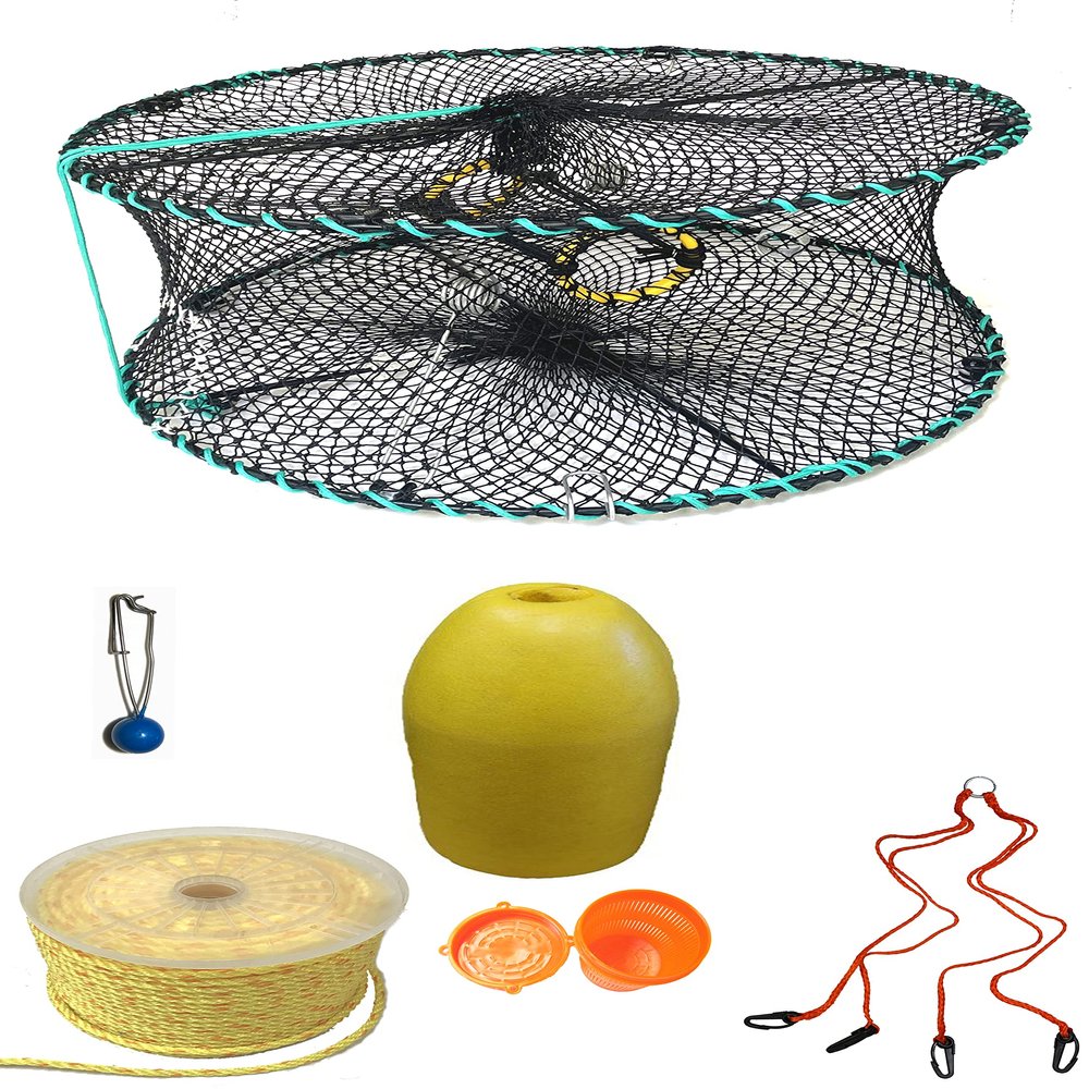 KUFA Sports Foldable Prawn Trap (Stretched Mesh Size:1-1/8") with 400' Rope, Yellow Float, Plastic Vented Bait Cage & Harness Combo (PRN58+PAPH1)