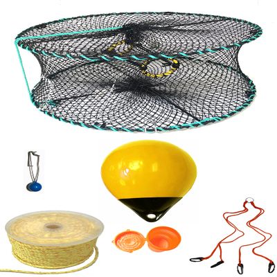 KUFA Sports Foldable Prawn Trap (Stretched Mesh Size:1-1/8") with 400' Rope, Yellow Float, Plastic Vented Bait Cage & Harness Combo (PRN58+PAPH30Y)