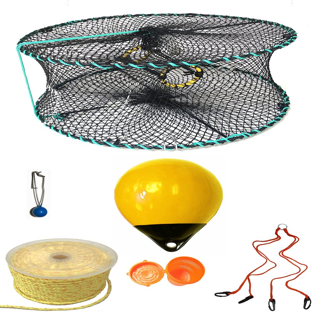 KUFA Sports Foldable Prawn Trap (Stretched Mesh Size:1-1/8") with 400' Rope, Yellow Float, Plastic Vented Bait Cage & Harness Combo (PRN58+PAPH30Y)