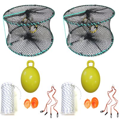 2-Pack of KUFA Sports Foldable Prawn Trap (Stretched Mesh Size:1-1/8") with 400' Rope, Yellow Float, Plastic Vented Bait Cage & Harness Combo (PRN58+PASH5) x2