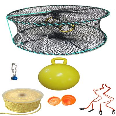 KUFA Sports Foldable Prawn Trap (Stretched Mesh Size:1-1/8") with 400' Rope, Yellow Float, Plastic Vented Bait Cage & Harness Combo (PRN58+PAPH5)