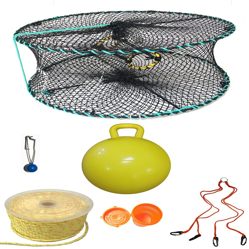 KUFA Sports Foldable Prawn Trap (Stretched Mesh Size:1-1/8") with 400' Rope, Yellow Float, Plastic Vented Bait Cage & Harness Combo (PRN58+PAPH5)