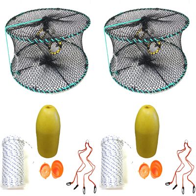2-Pack of KUFA Sports Foldable Prawn Trap (Stretched Mesh Size:1-1/8") with 400' Rope, Yellow Float, Plastic Vented Bait Cage & Harness Combo (PRN58+PAMH3) x2