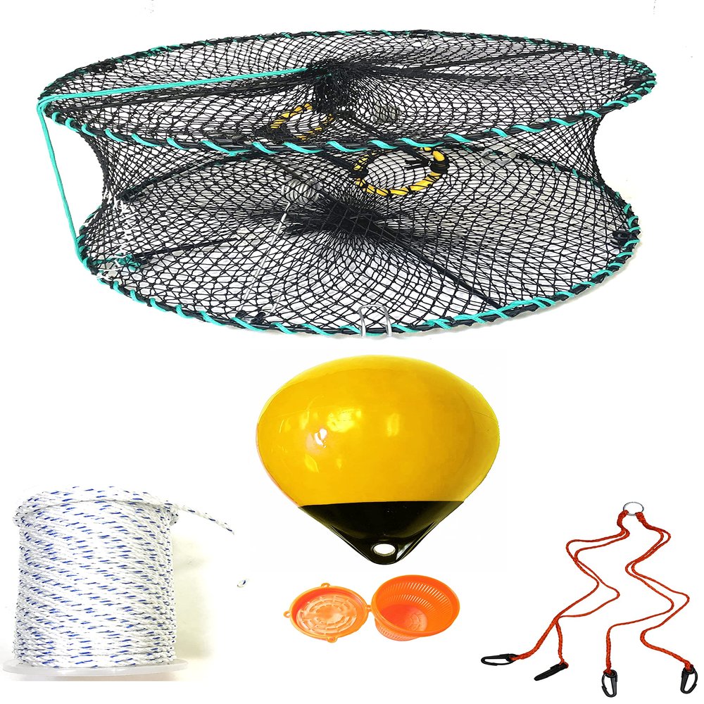 KUFA Sports Foldable Prawn Trap (Stretched Mesh Size:1-1/8") with 400' Rope, Yellow Float, Vented Bait Cage & Harness Combo (PRN58+PAMH30Y)