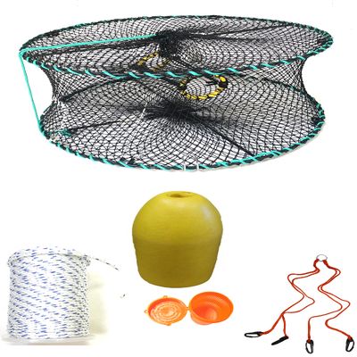 KUFA Sports Foldable Prawn Trap (Stretched Mesh Size:1-1/8") with 400' Rope, Yellow Float, Vented Bait Cage & Harness Combo (PRN58+PAMH3)