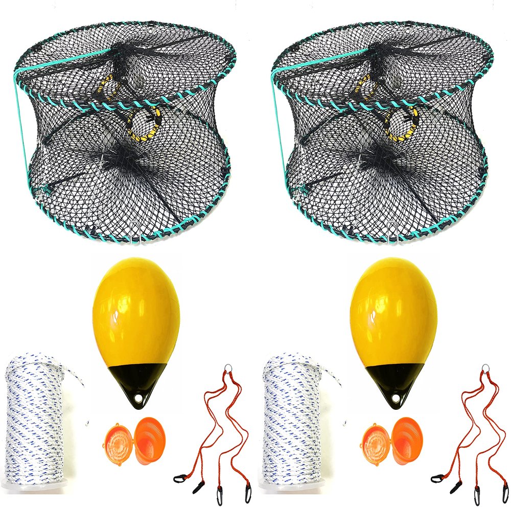 2-Pack of KUFA Sports Foldable Prawn Trap (Stretched Mesh Size:1-1/8") with 400' Rope, Yellow Float, Plastic Vented Bait Cage & Harness Combo (PRN58+PAQH38H) x2