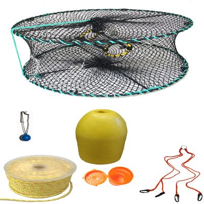 KUFA Sports Foldable Prawn Trap (Stretched Mesh Size:1-1/8") with 400' Rope, Yellow Float, Plastic Vented Bait Cage & Harness Combo (PRN58+PAPH3)