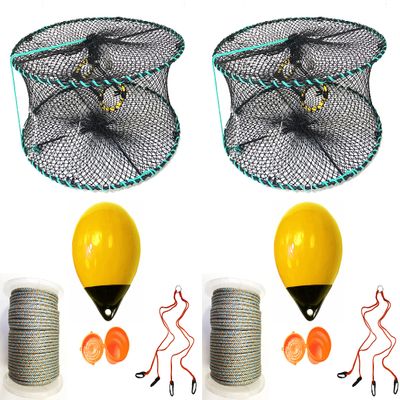 2-Pack of KUFA Sports Foldable Prawn Trap (Stretched Mesh Size:1-1/8") with 400' Rope, Yellow Float, Plastic Vented Bait Cage & Harness Combo (PRN58+PAQH30Y) x2