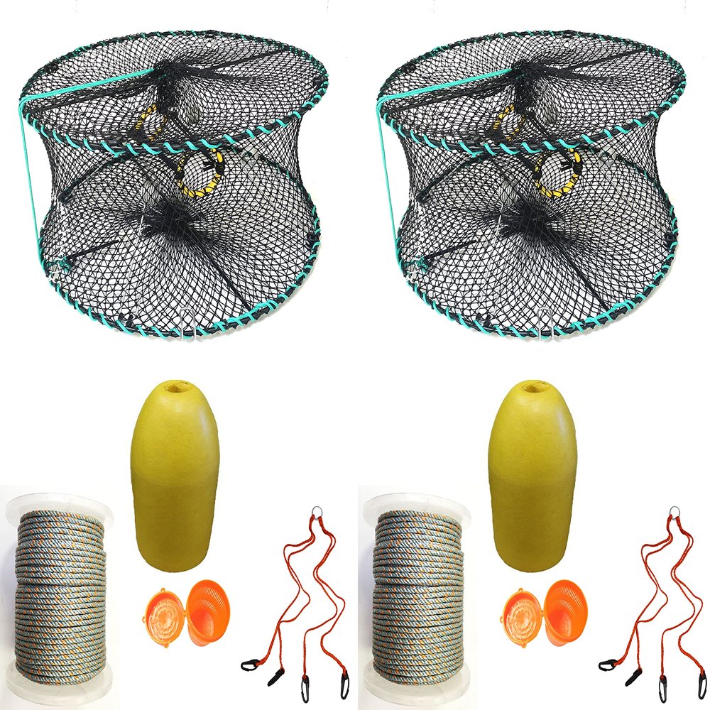 2-Pack of KUFA Sports Foldable Prawn Trap (Stretched Mesh Size:1-1/8") with 400' Rope, Yellow Float, Plastic Vented Bait Cage & Harness Combo (PRN58+PAQH1) x2